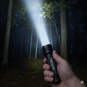 Powerful beam shot demonstrating the 1000 lumen brightness of the rechargeable LED flashlight.