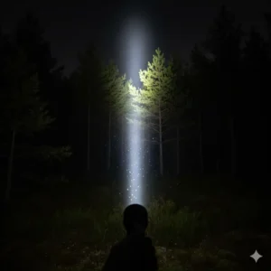 A bright beam from the 1000 lumen torch cutting through a dark forest at night, illustrating its long-distance visibility.