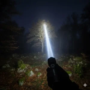 Extreme brightness 4000 lumen flashlight beam shot demonstrating the impressive long-distance throw and wide spill.