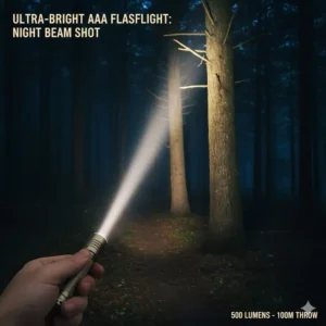 Beam shot demonstrating the powerful brightness and throw of a top-rated aaa flashlight in a dark outdoor setting.