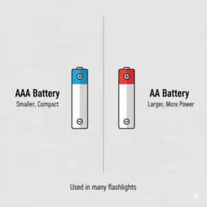 Visual comparison showing the size difference between AAA and AA batteries, commonly used in flashlights.