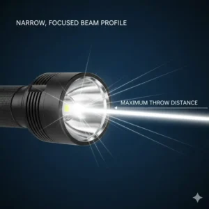Diagram illustrating the tight, narrow beam profile required for a farthest throwing flashlight to achieve its maximum throw distance.