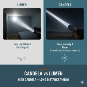Diagram comparing candela vs lumen in a flashlight, explaining why high candela is crucial for long-throw distance, a key feature of the highest candela flashlight models.