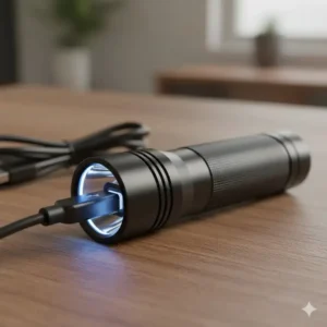 Close-up of the USB charging port on a **rechargeable 1000 lumen flashlight**, highlighting the ease of powering the device.