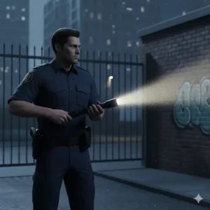 A professional security guard on patrol using a baton flashlight for illumination and safety.