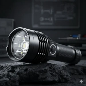 Close-up on the durable, tactical design of the 800000 lumen light, showing the cooling fins and large reflector.
