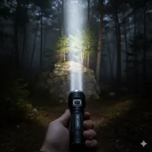 Close-up of the 1000 lumens flashlight beam reaching a long distance, illustrating its powerful throw capability.