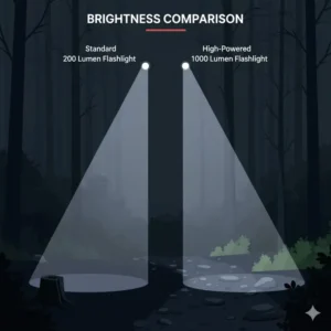 Side-by-side comparison illustrating the difference in brightness between a standard 200 lumen light and a high-powered **1000 lumen flashlight**.