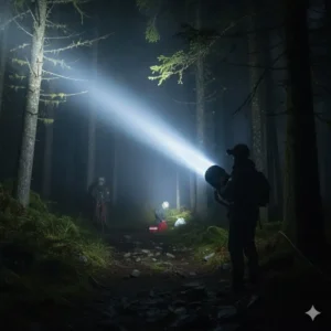 Search and rescue team using the 800000 lumen light to illuminate a wide, dark forest area during an emergency operation.