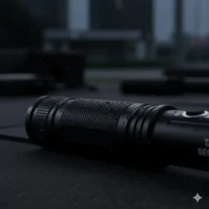 Close-up view of the textured, anti-slip grip on the handle of the baton flashlight for secure handling.