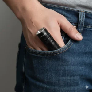 An AAA EDC flashlight being carried in a jeans pocket, highlighting its perfect size for everyday carry.