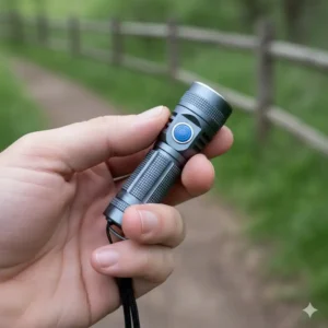 Compact, pocket-sized 1000 lumen torch held in a person's hand, showing the convenient, optimized size.