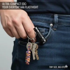 Compact aaa flashlight attached to a keychain, showing its small size and suitability for everyday carry (EDC) in a pocket.