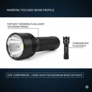 Comparison photo showing the large reflector and head size of a farthest throwing flashlight next to a standard flashlight.
