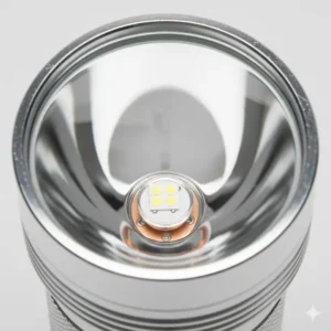 Close-up of the deep, smooth reflector essential for focusing the LED into a tight beam to achieve the highest candela rating.