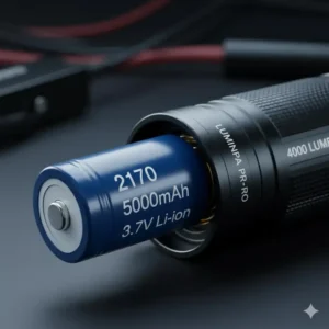 Close-up of the high-capacity, rechargeable lithium-ion battery used to power the 4000 lumen flashlight.