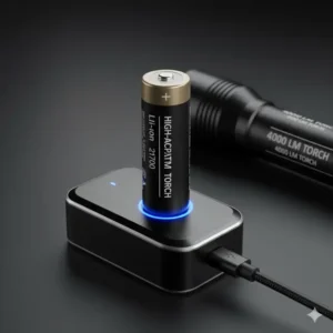 Close-up of the high-capacity, rechargeable lithium-ion battery powering the 4000 lumen torch.