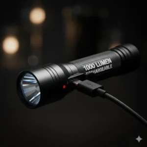 Close-up of the USB-C charging port on the side of the 1000 lumen flashlight for easy recharging.