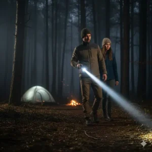 A person using the 1000 lumens flashlight while camping in a forest at night to illuminate the trail.