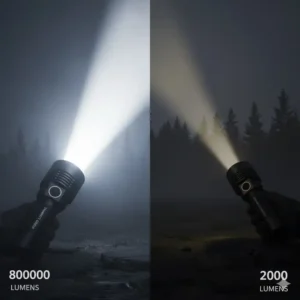 Side-by-side comparison illustrating the intense brightness of the 800000 lumen light next to a standard high-power flashlight.