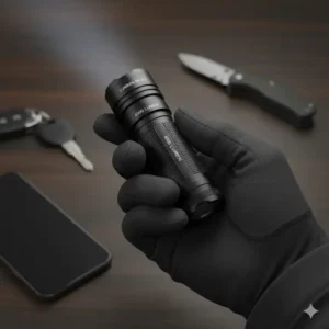 The compact and ergonomic size of the 4000 lumen flashlight shown next to a hand for scale.