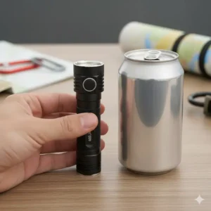 Comparison photo showing the compact size of the 4000 lumen torch next to a hand or common object.