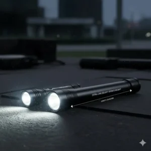 Comparing the length of a standard flashlight next to a longer, extra-long baton flashlight.