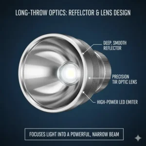 Close-up shot of the deep, smooth reflector or specialized TIR optic used in a farthest throwing flashlight to focus the LED light.