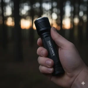 Ergonomic rechargeable flashlight held in a person's hand to show scale and comfortable grip.