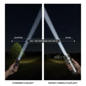 Side-by-side comparison of a standard flashlight versus a highest candela flashlight showing the difference in throw distance (meters).
