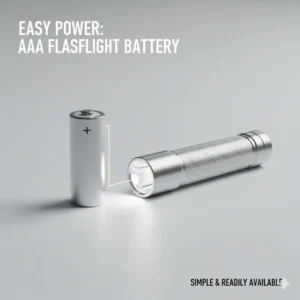 Close-up of a single AAA battery next to a small LED flashlight, emphasizing the easy-to-find power source.