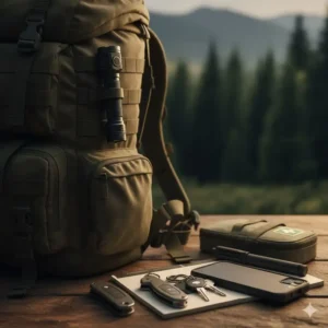 A durable, compact **tactical 1000 lumen flashlight** attached to a backpack or belt, perfect for everyday carry (EDC) and outdoor use.