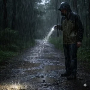 A durable, IPX-rated 1000 lumen torch being used in heavy rain, showcasing its reliable waterproof capabilities.