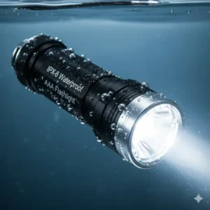A close-up of a durable, waterproof AAA flashlight, emphasizing its IPX-8 water resistance rating.