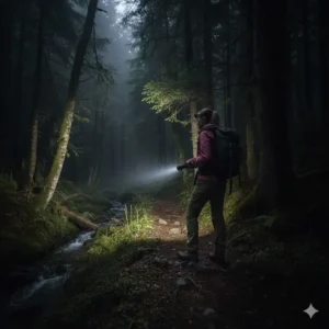 A hiker using a waterproof **1000 lumen flashlight** to brightly light up a dark, rocky trail during a night hike or camping trip.