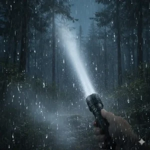 A waterproof 4000 lumens torch being used reliably in heavy rain, highlighting its IPX-rated durability.