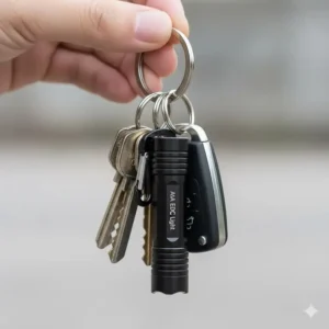 A miniature AAA flashlight attached to a set of keys, illustrating its use as a convenient keychain light.