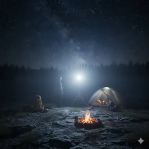 A campsite completely illuminated at night by the 800000 lumen light, perfect for extreme outdoor adventures and security.