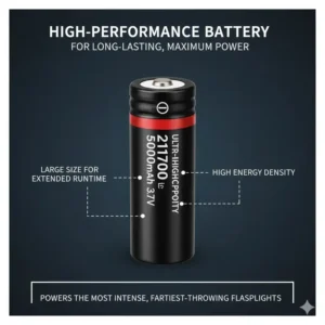 Image of a high-capacity 21700 battery often used to power the brightest and farthest throwing flashlight models.