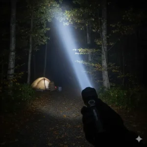 A camper using the 4000 lumen flashlight to brightly light up the path during a nighttime hike.
