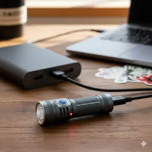 Close-up of the 1000 lumen torch charging via its USB port, highlighting its convenient rechargeable feature.