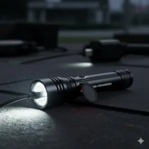 The hidden USB charging port on the side of a rechargeable baton flashlight.