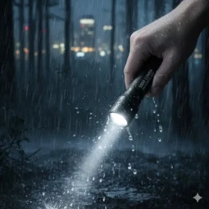 Durable, waterproof 1000 lumen flashlight being used in the rain, highlighting its rugged design.