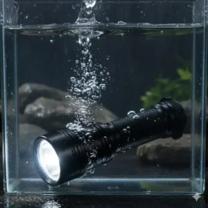 The 4000 lumen torch submerged in water, highlighting its high IPX-rated waterproof design.