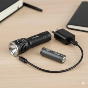 Showing the included rechargeable battery next to the 1000 lumens flashlight and a USB-C charging cable.