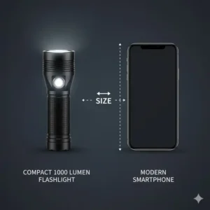 An illustration showing the compact size of a mini **1000 lumen flashlight** next to a smartphone for perspective.