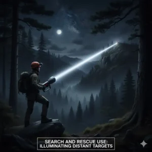 A person using a farthest throwing flashlight during a nighttime search and rescue operation in a forest.