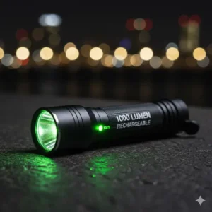 Image showing the LED battery level indicator light on the body of the rechargeable flashlight.