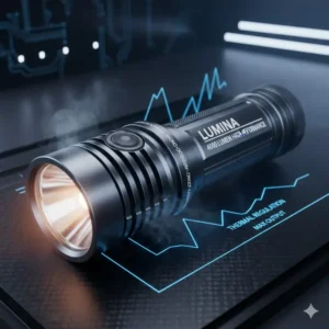 Detailed view of the aluminum alloy body and integrated cooling fins for efficient heat dissipation on the 4000 lumen flashlight.