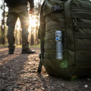 1000 lumen torch clipped securely to the strap of a backpack or tactical vest, ready for emergency use.